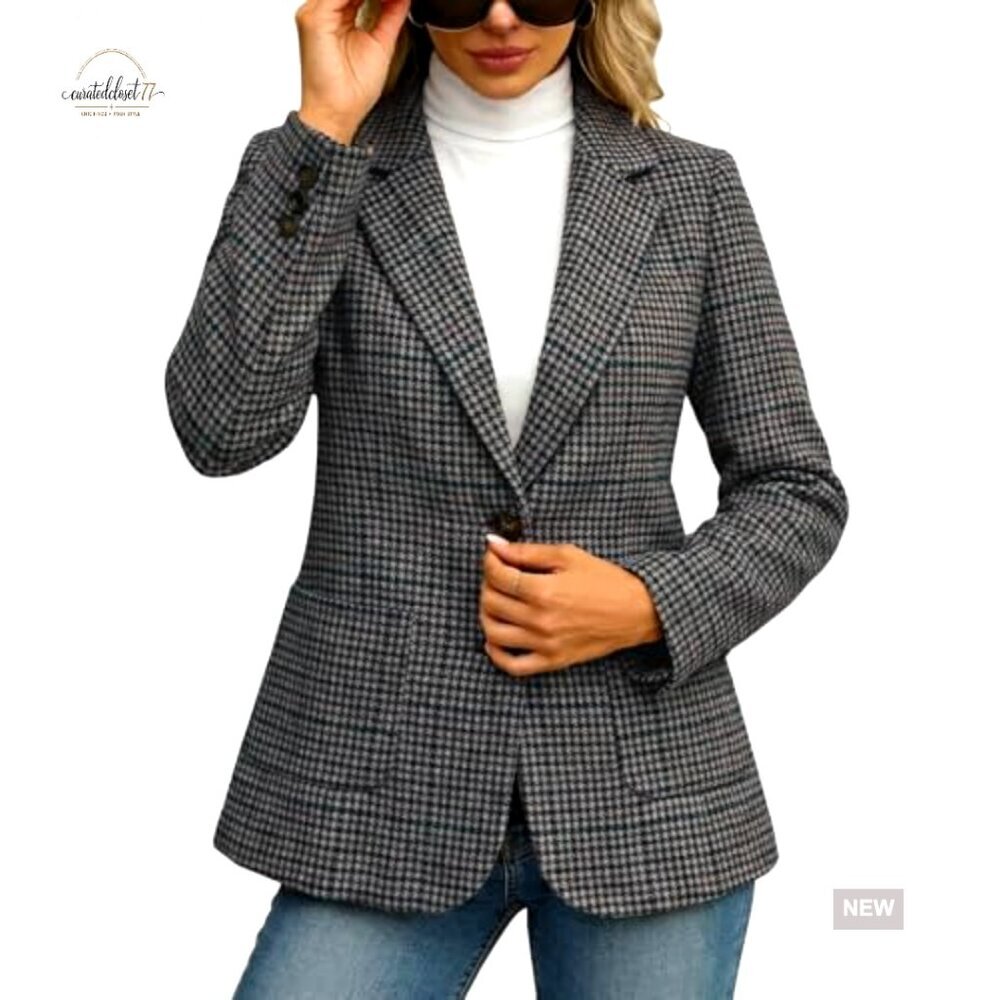 Slim Fit Tweed Blazer Houndstooth Plaid Lined Work Casual Office Jacket - Picture 4 of 7
